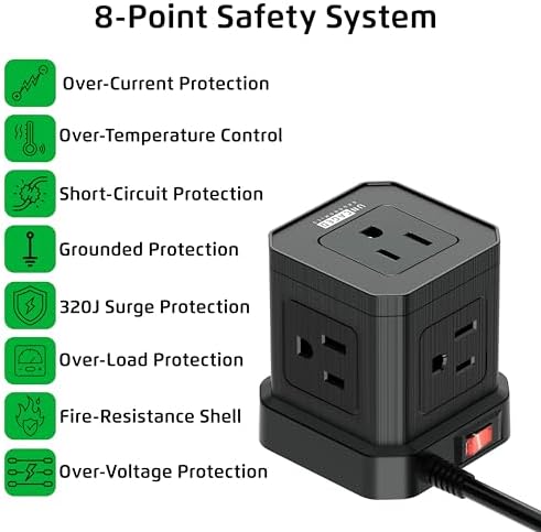 Uncaged Ergonomics Cube Power Strip with 10 ft Extension Cord – Surge Protected Charging Station Featuring 5 AC Outlets, 3 USB Charging Ports (1 USB-C Fast Charger) and On/Off Switch for Ultimate Convenience and Safety