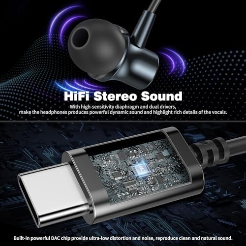 COOYA Premium USB C Wired Earbuds: Superior Noise-Canceling In-Ear Headphones with Magnetic Bass & Built-In Mic – Compatible with i Phone 16, Samsung Galaxy S25 Ultra, Google Pixel Devices – Exceptional Comfort for Music, Gaming, and Calls