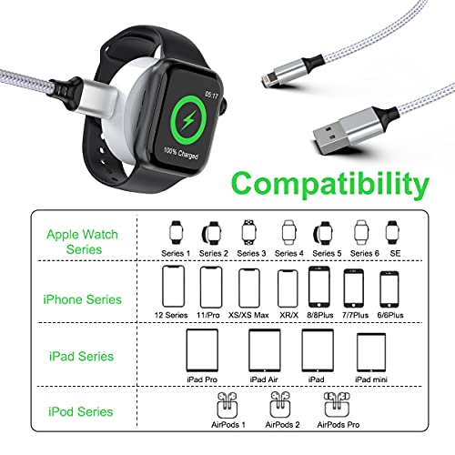 Universal 5-in-1 USB Smart Watch Charging Cable – 1.8 M/6 FT Nylon Braided Durable Charger with Magnetic Connector for Apple Watch & Android Devices – Lightning, Type C, Micro USB Compatibility for Quick Power Solutions
