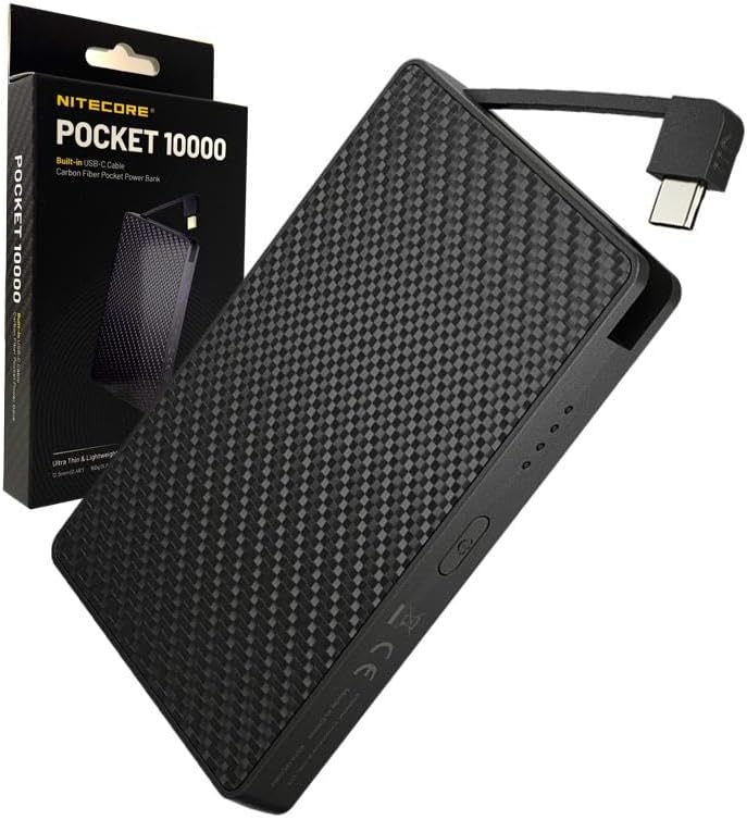 Nitecore Pocket 10000 Carbon Fiber Portable Charger – Ultra-Lightweight 10,000 m Ah Power Bank with Integrated USB-C Cable, Dual Device Charging, and Rapid Charge Technology for Effortless On-the-Go Power Solutions