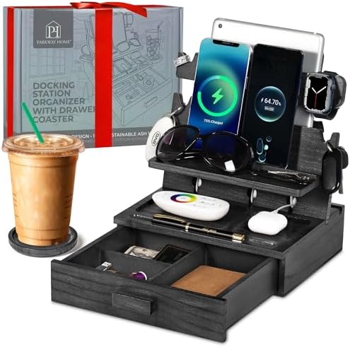 Premium Black Wood Multi-Device Docking Station – Sleek Nightstand Organizer with Hidden Drawer for Valuables, Ideal for Phones, Tablets, Apple Watch, Keys, and EDC Essentials – Streamlined Charging and Elegant Design for Home or Office