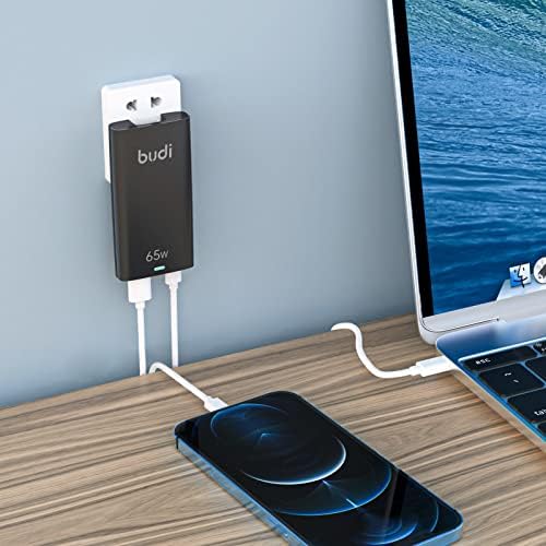 BUDI PD3.0 65 W Ga N USB-C Foldable Travel Charger – Ultra-Thin Wall Adapter for Mac Book, Microsoft Surface Go, i Phone, i Pad – Fast Charging with Safety Features for On-the-Go Power Solutions