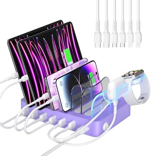 Soo Pii Elegant Pink 6-Port USB Charging Station Organizer – Fast Multi-Device Charging Hub with 6 High-Speed Cables and i-Watch Holder – Ultimate Solution for Neat Workspaces and Efficient Device Management