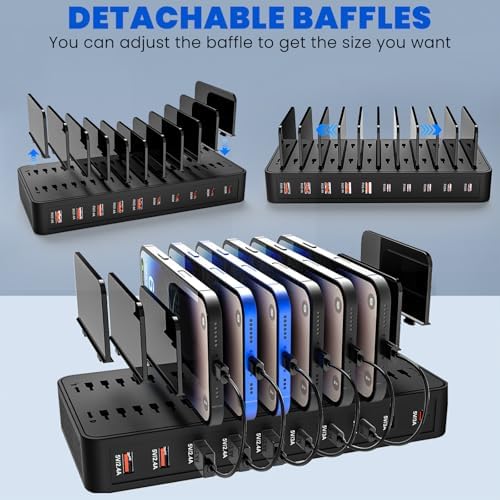 Multi-Device Charging Station with 10 Ports and Smart IC Technology – 100 W Power Dock with Adjustable Dividers and 10 Cables for Efficient Charging of i Phone, Galaxy, i Pad, Tablets – Space-Saving Flat Plug Design for Home and Office Use