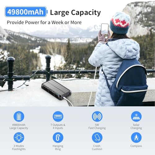Ultimate 49,800 m Ah Solar Power Bank – Wireless Fast Charging with QC 3.0, 8 Outputs & 4 Inputs, Emergency SOS Flashlight – Durable Outdoor Charger for All Mobile Devices in Bold Orange – Ideal for Camping, Hiking & Travel