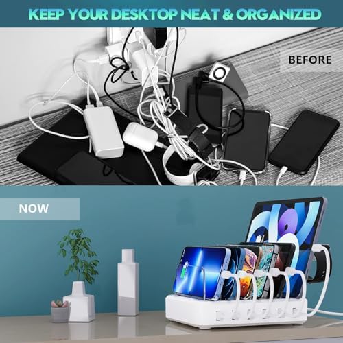 Sleek 6-Port USB Fast Charging Station with 60 W Output & 7 Versatile Cables – Essential Multi-Device Charger for i Phone, i Pad, Tablets, and Kindles – Ultimate Home and Office Organization Solution for Effortless Charging and Efficiency