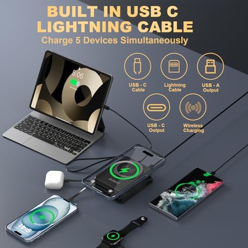 10000 m Ah Mag Safe-Compatible Portable Charger Power Bank – 22.5 W Fast Charging Travel Essential with Built-in USB-C & Lightning Cables – 5-in-1 Wireless Charging Solution for i Phone, Android, and Samsung Devices