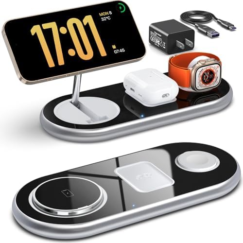 Sleek 3-in-1 Magnetic Charging Station for Apple Devices – Fast Mag-Safe Wireless Charger Stand for i Phone 16/15/14/13/12, Apple Watch, and Air Pods – Elegant Golden Design with Enhanced Compatibility and Safety Features