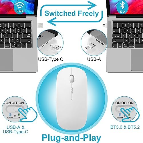 Sleek Silent Wireless Bluetooth Mouse for Mac Book Air & Pro – Dual Mode Optical Design with USB Type-C Receiver, Ergonomic Rechargeable Comfort for i Pad and Laptop Use – Effortless Connectivity & Quiet Performance – Ideal for Work & Play