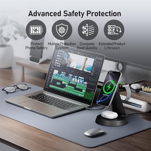 Sleek Pink 3-in-1 Wireless Charging Station for Apple Devices – 15 W Mag Safe Fast Charger Stand for i Phone 16/15/14/13/12, Air Pods & i Watch – Magnetic Alignment for Effortless Power-Up & Clutter-Free Workspace