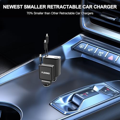 Flexino Ultra-Slim Retractable Car Charger for i Phone 16 & More – Fast Charging Dual USB C Adapter for Galaxy, Pixel, and More – Compact Design for Maximum Portability & Clutter-Free Charging Solution – Enhanced Safety Features & Rapid Power Delivery – Perfect for Road Trips & Daily Commutes