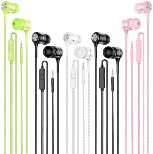 Premium Wired Earbuds with Microphone – 5 Pack of Heavy Bass In-Ear Headphones for Superior Sound Quality, Ideal for i Pad, Laptops, MP3 Players & Android Smartphones – Universal 3.5 mm Jack Compatibility, Ergonomic Design, Perfect for Music, Calls, and Video Enjoyment