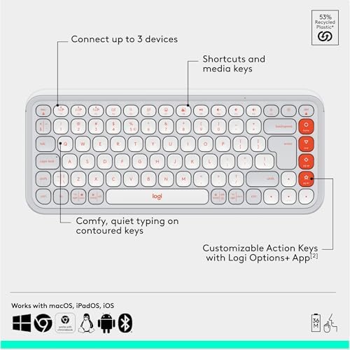 Elevate Your Workspace with the Logitech POP ICON Wireless Bluetooth Keyboard – Stylish Graphite & White Design, Effortless Multi-Device Switching, Comfortable Low-Profile Typing, and Customizable Keys for Enhanced Productivity on Laptops, Tablets, and PCs