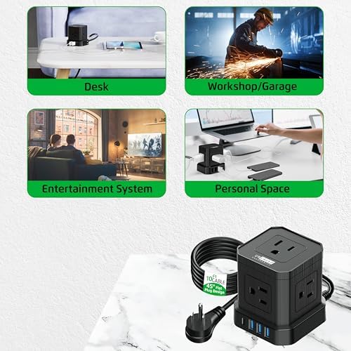 Uncaged Ergonomics Cube Power Strip with 10 ft Extension Cord – Surge Protected Charging Station Featuring 5 AC Outlets, 3 USB Charging Ports (1 USB-C Fast Charger) and On/Off Switch for Ultimate Convenience and Safety