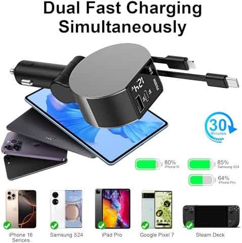 Leinsis 4-in-1 65 W Retractable Car Charger with USB-C & Lightning Ports – Ultimate Multi-Device Charging Solution for i Phone 16/15/14/13/12/11, Galaxy & Pixel – Compact, High-Speed, Tangle-Free Convenience for On-the-Go Power