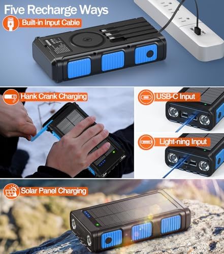 Ultimate 45800 m Ah Solar Wireless Power Bank with Hand Crank & Fast Charging – 7 Outputs, 4 Inputs, SOS Flashlight & Compass for Outdoor Adventures and Emergency Preparedness