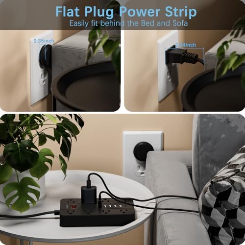HUNIAN 5 Ft Flat Plug Power Strip with 8 Outlets and 6 USB Ports, Including USB-C Charger – Ultimate Surge Protector for Efficient Home and Office Charging Solutions, Compact Design for Desk and Travel Use, Black