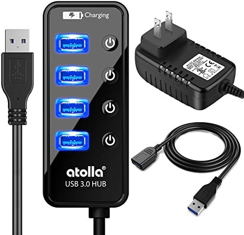Ultimate Atolla Powered USB Hub with 4 Data Ports & 1 Charging Port – High-Speed USB 3.0 Multiport Hub with 15 W Power Supply and 3.3 ft Extension Cable for Effortless Connectivity and Rapid Data Transfer Across Devices