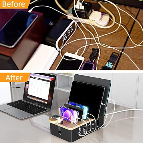 Modern Matte Black Multi-Device Charging Station with Wood Accents – Fast and Efficient Organizer for Phones, Tablets, and Smartwatches – Stylish Desk Accessory for Enhanced Workspace Organization and Productivity
