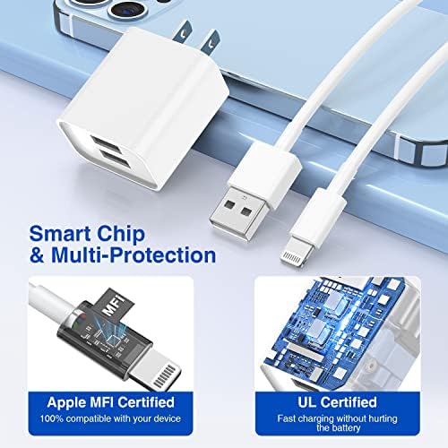 Ultra-Fast Dual Port USB Wall Charger with 10-Foot Lightning Cable – Apple MFi Certified i Phone Charging Solution, Perfect for i Phone 12/11/XR/Xs/8/7/6/SE/i Pad – Compact & Efficient Power Delivery for Home and Travel