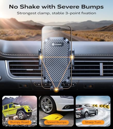 VICSEED 2025 Ultra Stable Air Vent Phone Mount – Secure Smartphone Holder for All i Phone Models (12 to 16 Pro Max) – Effortless Clamp Design with Enhanced Airflow & Durability for Ultimate Driving Convenience