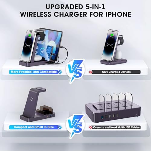 Revolutionize Your Charging Routine with the 5-in-1 Wireless Charging Station for i Phone – Fast, Efficient Dock for i Phone 16, 15, 14, 13, 12 Pro Max, Apple Watch, and Air Pods – Enhanced Compatibility, Intelligent Power Delivery, and Sleek Design for Clutter-Free Convenience