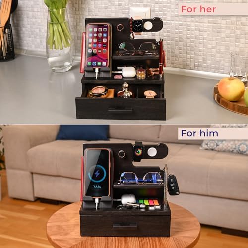 TESLYAR Wood Phone Docking Station with Drawer – Nightstand Organizer – Desk Organizer for Husband – Birthday Gifts for Men, Dad, Anniversary Idea, Key Holder Stand Watch & Accessories (Bourbon Brown) – Enhanced Compatibility and Speed
