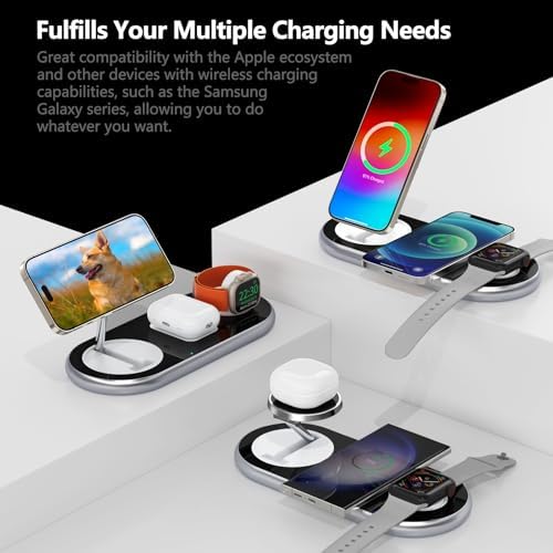 2025 Enhanced 3-in-1 Charging Station for Apple Devices | Fast Magnetic Mag-Safe Wireless Charger for i Phone 16/15/14/13/12, Apple Watch 1-10/Ultra, & Air Pods Pro | Sleek Silver Design | Compact & Portable Charging Solution for Home and Travel | Superior Compatibility and Rapid Charging Efficiency