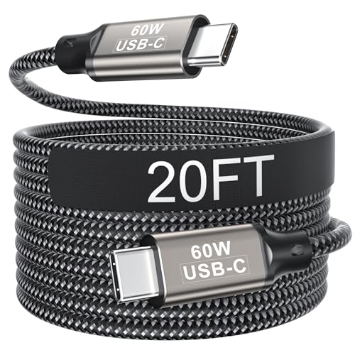20FT USB C Cable 60W, Extra Long USB C to USB C Cable, Type C Charger Fast Charging Cord, Compatible with iPhone 16 15 Pro Max Plus, Samsung Galaxy, Pixel, iPad Pro/Air, MacBook Pro/Air – Enhanced Compatibility and Speed