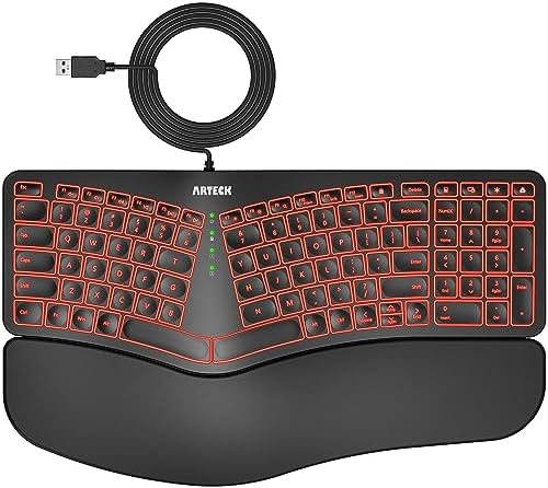 Elevate Your Workspace with the Arteck Ergonomic USB Wired Keyboard – Comfortable Split Design with Cushioned Palm Rest, 7-Color Adjustable Backlighting, and 6-Foot Reliable Wired Connection for Enhanced Productivity on Windows Computers and Laptops