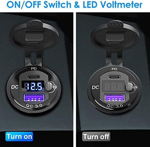 High-Performance PD 20 W USB-C & 18 W QC3.0 Dual USB Charger Socket with Energy-Efficient Power Switch and Built-in Voltmeter – Premium Aluminum Design for Cars, Boats, RVs, Motorcycles, and More – Ultimate Fast Charging Solution for All Your Devices