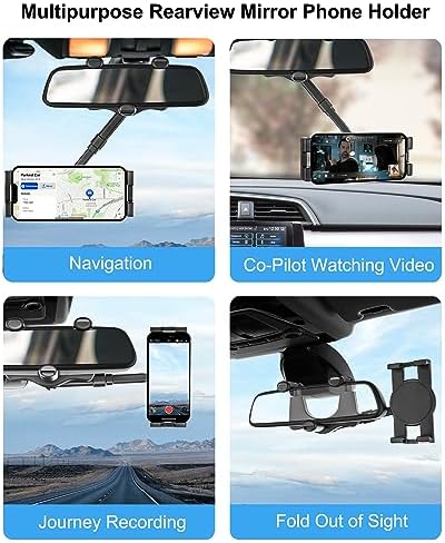 Universal 360° Rotatable Car Rearview Mirror Phone Holder – Adjustable Mount for i Phone 16 Pro Max, 15, 14, 13, 12, 11 & All Smartphones – Enhance Safety & Convenience with Retractable Arm and Secure Clip for Optimal Navigation Access