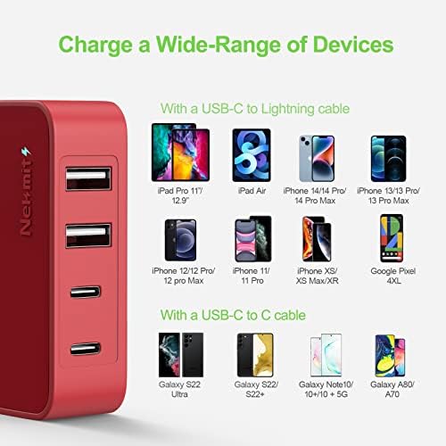 Nekmit 52 W Ultra-Compact 4-Port USB C Fast Charger – Dual 20 W Power Delivery & Dual USB Ports for Rapid Charging of i Phone 13, Galaxy, Pixel, i Pad Pro & More – Sleek Design for Home, Office & Travel Efficiency