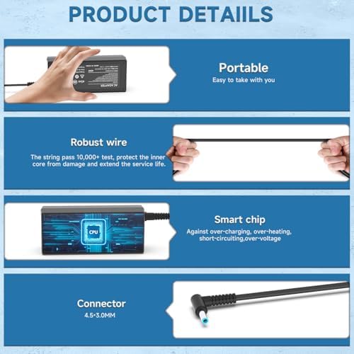 45 W Blue Tip Laptop Charger for HP Envy & Pavilion Series – Fast Charging Power Supply with Intelligent Protection for Stream, Elite Book & Pro Book Models – Universal Compatibility for Enhanced Performance and Safety