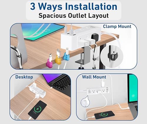Maximize Workspace Efficiency with the 9-Outlet Desk Clamp Power Strip – Ultimate Mountable Surge Protector Featuring Fast Charging USB & USB-C Ports, 6 ft Extension Cord for Home Office Convenience, Sleek White Design for Enhanced Aesthetics and Functionality