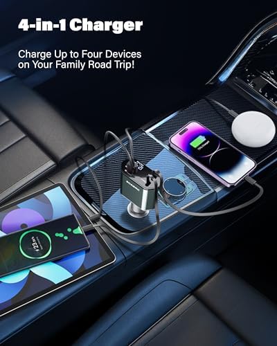 Rapid Charge Retractable Car Charger 69 W – Versatile 4-in-1 Accessory for i Phone 16/15/14 & Android Devices, Dual USB-A & USB-C Ports, Tangle-Free Travel Essential for Men & Women, Enhanced Fast Charging Solution for Road Trips