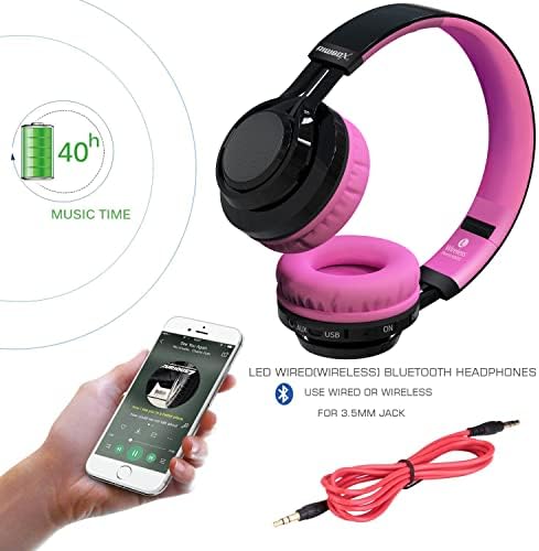 Riwbox AB005 Kids Wireless Headphones – Colorful Over-Ear Bluetooth Headset with Dynamic LED Lights, FM Radio, and TF Card Slot – Ideal Audio Companion for Tablets and TVs, Stylish Black & Pink Design for Young Music Lovers – Fun, Durable, and Safe Sound Solution for Kids