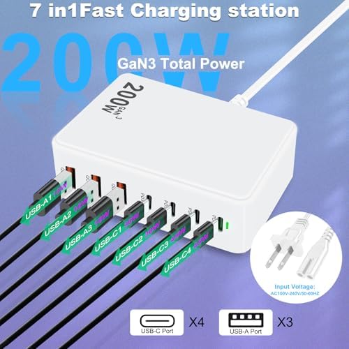 200 W Ga N 7-Port USB Fast Charger Hub – High-Speed Multi-Device Power Adapter for Mac Book, i Phone 15/16, DELL, and i Pads – Compact Charging Station with Smart Charging Technology for Enhanced Compatibility and Efficiency