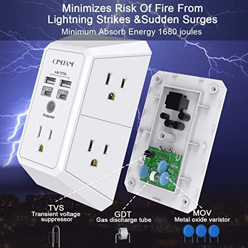 QINLIANF 5-Outlet USB Wall Charger with Surge Protection – 4 USB Ports (4.8 A Total) Power Strip Extender, 3-Sided Design for Easy Access, 1680 J Surge Defense, Compact Multi-Plug Adapter for Home, Travel, and Office Use – Elevate Your Charging Experience with Versatile Compatibility and Safety