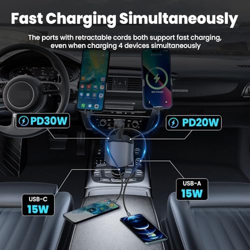 Experience Ultimate Power on the Road: PLDHPRO 80 W Retractable Car Charger – 4-in-1 Fast Charging Adapter with Dual Type-C Cables for i Phone 16, i Pad, and Samsung – Essential Vehicle Accessory for Efficient Charging and Easy Storage – Perfect Gift for Tech Enthusiasts and Travelers