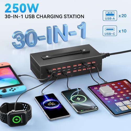 200 W USB-C Charging Hub with 20 Ports – Fast Charge Station for i Phone, i Pad, Kindle, and More – Multi-Device Power Solution with Enhanced Safety Features – Portable USB Wall Charger for Home and Office Use – Efficient Multi-Device Charging Station