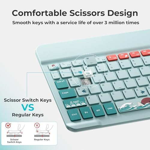 Ultra-Portable XVX WK60 Foldable Bluetooth Keyboard with Kanagawa Wave Art – Multi-Device Compatible Wireless Keyboard for i Pad, i Phone, Mac Book, Android & Windows – Long-Lasting 20-Hour Battery Life – Elevate Your Typing Experience Anywhere