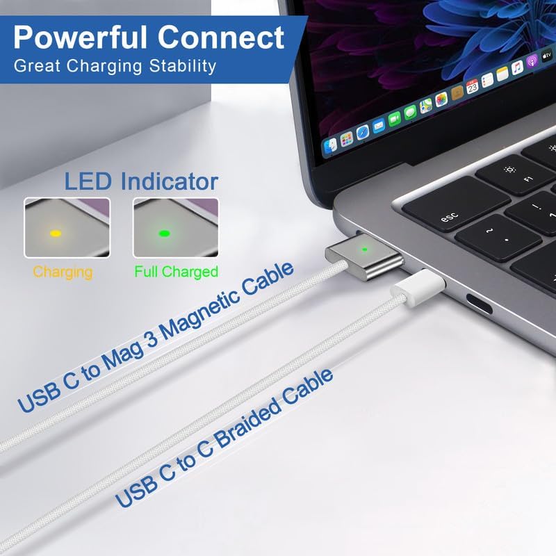 Experience Unmatched Charging Power with Our 140 W USB-C Charger for Mac Book Pro & Air – Designed for 2024, 2023, and 2021 Models, Includes 6.6 FT Braided Cable with LED Indicator. This high-performance charger features intelligent battery management to prolong battery life and prevent overheating, ensuring your Mac Book stays safe and efficient. Compatible with Mac Book Air (13/15-inch, M3, M2, M1) and Mac Book Pro (14/16-inch, M3, M2, M1), it delivers lightning-fast charging speeds, reaching 50% in just 30 minutes. The included durable braided cable features a magnetic connector that minimizes accidental disconnections, while the LED indicator keeps you informed of your charging status. Engineered for optimal compatibility and speed, this original quality charger is backed by a 24-month warranty and dedicated support. Elevate your charging experience today and keep your Mac Book powered up wherever you go!