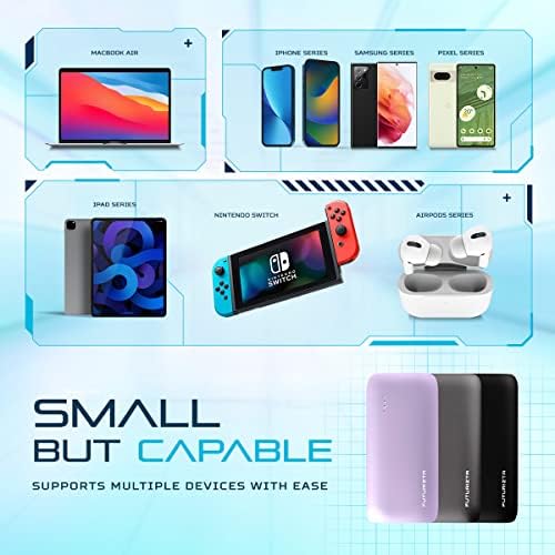 Futurizta Tech® Pixy Mini 5000 m Ah Ultra-Compact Lavender Power Bank – Dual Port Fast Charger with 20 W PD Output & QC 3.0 for Seamless Device Compatibility – Lightweight Portable Charger with Carrying Pouch for On-the-Go Power Solutions