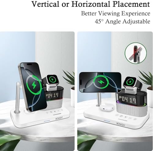 MONASAY Qi2 5-in-1 Wireless Charging Hub with Alarm Clock – 23 W Fast Charger for i Phone 16/15/14/13/12, Air Pods, and Apple Watch – Magnetic Stand for Optimal Device Alignment – Sleek Black Design for Home and Office Use – Ultimate Convenience and Speed in One Charging Solution