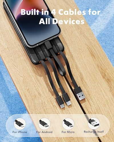 Charmast 20000 m Ah Travel Power Bank with 4 Integrated Charging Cables and 6 Output Ports, 20 W Fast Charging External Battery Pack for i Phone 16/15/14, Android Devices, i Pads, and Tablets – Ultimate On-the-Go Charging Solution for Seamless Connectivity and Reliability