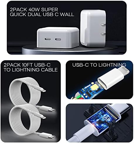 High-Speed 40 W Dual USB-C Wall Charger with 10 FT MFi Certified Lightning Cable – 2-Pack Fast Charging Solution for i Phone 14/13/12/11/X – Enhanced Dual Port Design for Convenient Multi-Device Charging and Versatile Use