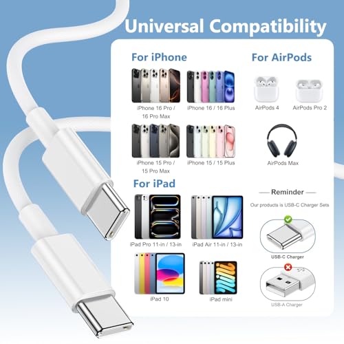 Ultimate Fast Charging Set for i Phone 16/15 – MFi Certified 2-Pack Type C Wall Charger with 6 FT Durable Woven USB-C Cables for i Phone 16 Pro Max, i Phone 15 Plus, i Pad Pro/Air/Mini – Enhanced Speed, Compatibility, and Portability for Home and Travel