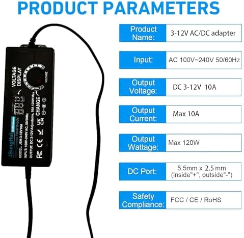 Versatile 120 W Universal AC to DC Power Adapter – Adjustable 3 V to 12 V, 10 A Output with 14 Interchangeable Tips & Polarity Converter for Seamless Compatibility with LED Strip Lights, Printers, CCTV Cameras, and More – Ultimate Efficiency and Durability Ensured