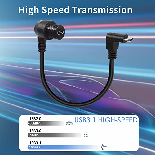 QIANRENON 90 Degree Right Angle USB C 3.1 Extension Cable – 10 Gbps Waterproof Panel Mount Solution, 30 cm Length for Streamlined Connectivity in Compact Spaces – Ideal for Vehicles and Workstations